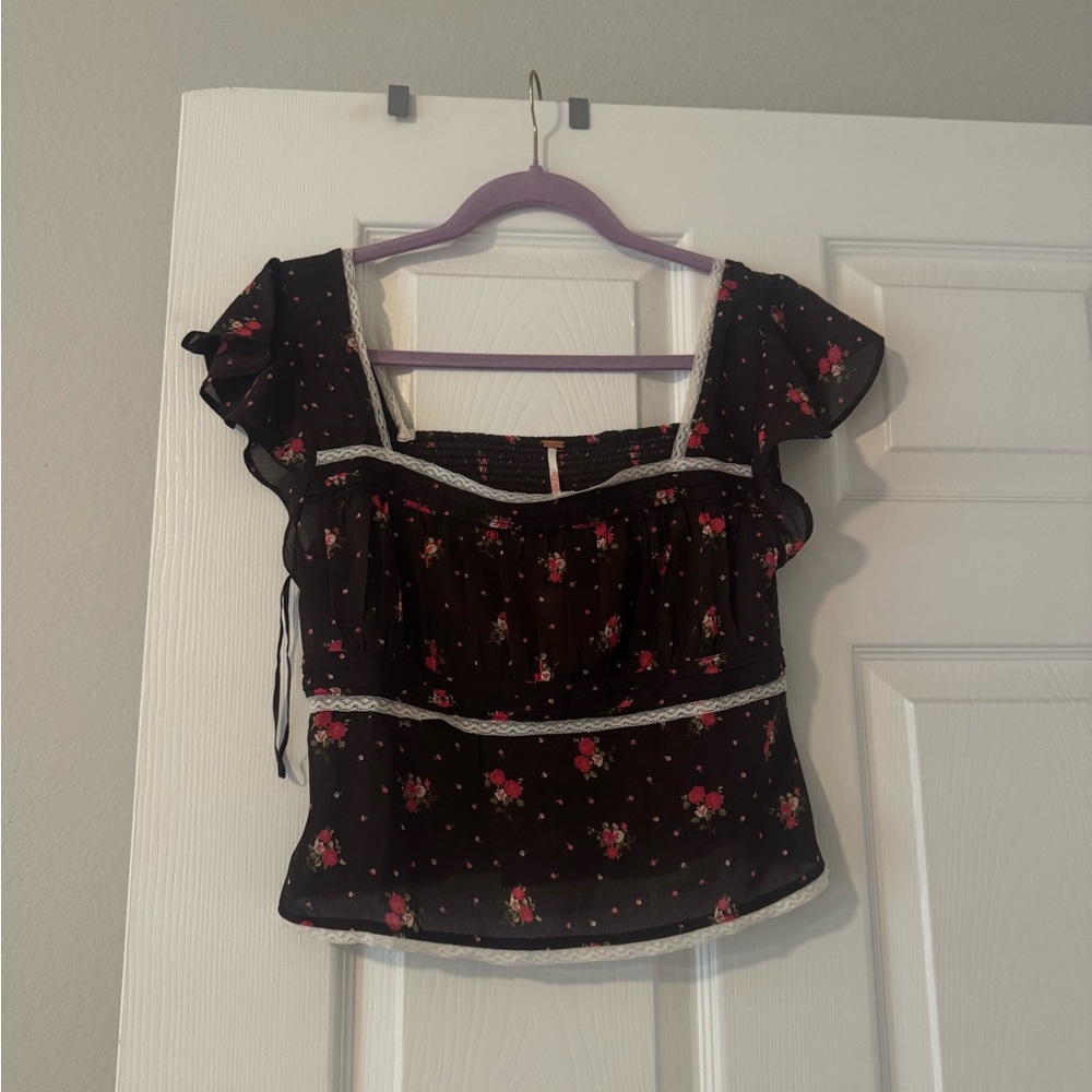 Free People Black and Pink Floral Blouse